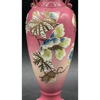 Photo of Victorian Pink Pottery Vase 9.5" – Embossed Floral, Handles, Repaired Chip