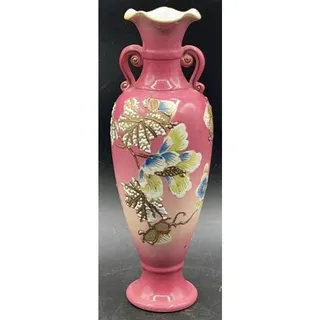 Photo of Victorian Pink Pottery Vase 9.5" – Embossed Floral, Handles, Repaired Chip