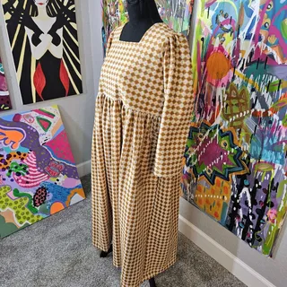 Photo of Handmade 70s Dress Polyester Yellow Brown Size L EUC