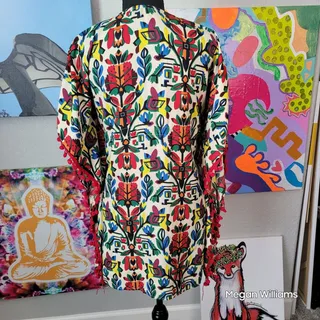 Photo of Multicolored Floral Pom Pom Trim Boutique Poncho Tunic Top Size L