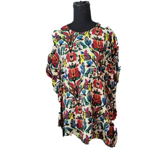 Photo of Multicolored Floral Pom Pom Trim Boutique Poncho Tunic Top Size L
