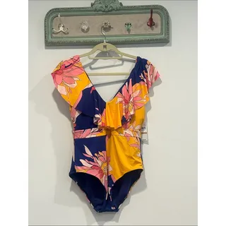 Photo of Trina Turk Navy, Orange, Pink Floral Ruffle v neck One-Piece Swimsuit 12 women’s