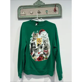 Photo of Vintage Green Christmas Cat Santa paws Crewneck Sweatshirt large adult unisex
