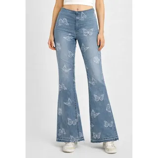 Photo of Y2K NOBO Butterfly Print Wide Leg Flare Jean Small Blue Festival Concert 90s