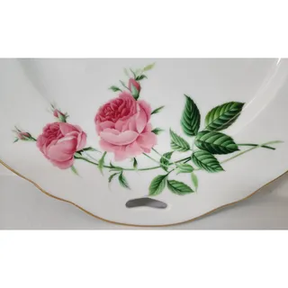 Photo of Vintage Rose Porcelain Plate Gold Rim Scalloped Edge Handles 10.3" Floral Decor