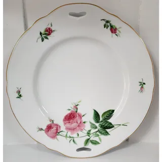 Photo of Vintage Rose Porcelain Plate Gold Rim Scalloped Edge Handles 10.3" Floral Decor