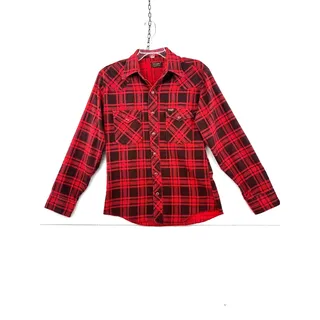 Photo of Vintage Wrangler Western Flannel Shirt Men' M Red Black Plaid USA Snap Front