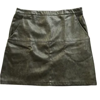 Photo of Shinestar Faux Leather Mini Skirt Pockets Visible Back Zipper Dark Olive-Large