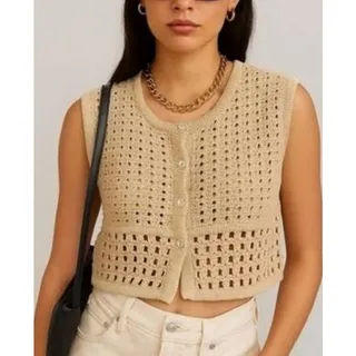 Photo of House of Harlow 1960 Womens Crochet Cardigan Vest M Cream Indie Boho 70s Retro