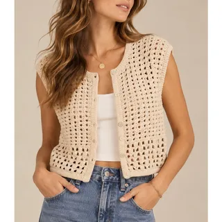 Photo of House of Harlow 1960 Womens Crochet Cardigan Vest M Cream Indie Boho 70s Retro