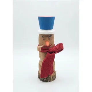 Photo of Hand-Turned Wooden Snowman Figurine with Burlap Scarf Rustic Holiday Folk Art