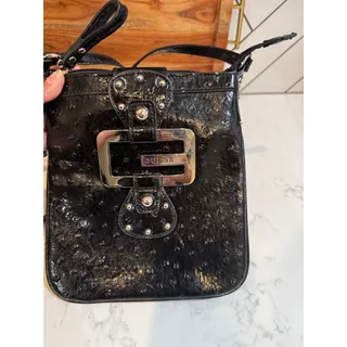 Photo of GUESS crossbody black purse silver "G" logo buckle matching flower charm VTG
