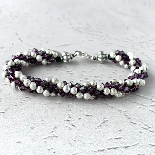 Photo of Amethyst Crystal and Silver Stardust Woven Rope Bracelet - Kumihimo Woven