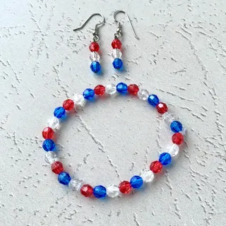 Photo of Patriotic - Red White Blue - Acrylic Stretch Bracelet and Earring Set