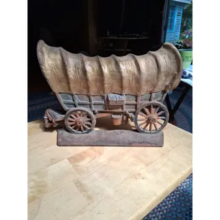 Photo of Vtg Large Cast Iron Painted Covered Wagon Doorstop (3146)