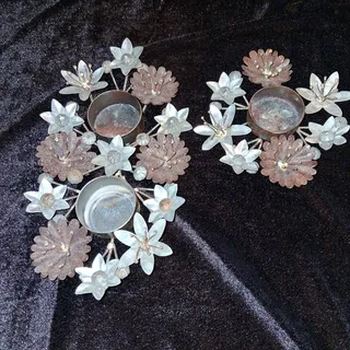 Photo of Set of 2 VTG Brutalist Metal Floral Votive Candle Holders