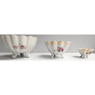 Photo of Antique German Hand Painted Porcelain Bowl Set 3pc Floral Scalloped Pedestal