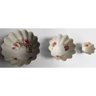 Photo of Antique German Hand Painted Porcelain Bowl Set 3pc Floral Scalloped Pedestal