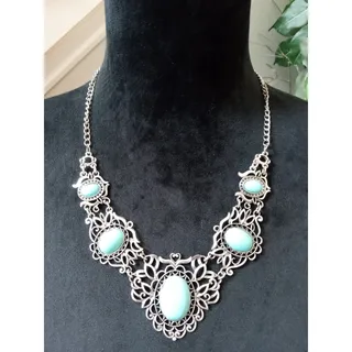 Photo of Vintage Silver Tone Filigree Turquoise Cabochon Statement Bib Necklace