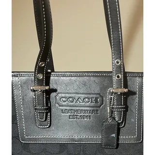 Photo of Coach Gallery Tote Shoulder Bag - Black Canvas Leather Trim White Stitching