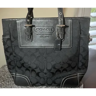 Photo of Coach Gallery Tote Shoulder Bag - Black Canvas Leather Trim White Stitching