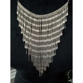 Photo of Silver Tone Layered Chain Fringe Statement Necklace Waterfall Bib Tassel Collar