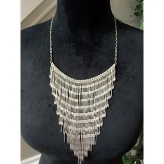 Photo of Silver Tone Layered Chain Fringe Statement Necklace Waterfall Bib Tassel Collar
