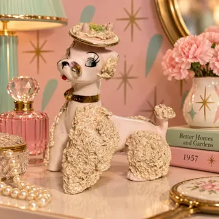 Photo of Vintage 1950s Japan Pink Spaghetti Poodle Figurine Gold Collar Hat MCM