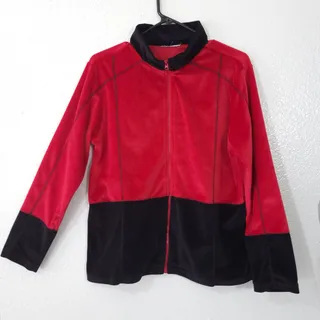 Photo of Velour Jacket Womens Size 10 Red and Black Colorblock Stretch Zipper Long Sleeve