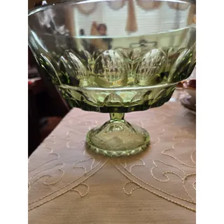 Photo of Vintage Hazel Atlas Thumbprint Avocado Green Glass Pedestal Bowl. 10" Diameter