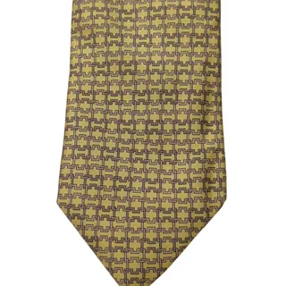 Photo of Vintage Hermès 100% Silk Men's Yellow Tie With Tan Geometric Designs