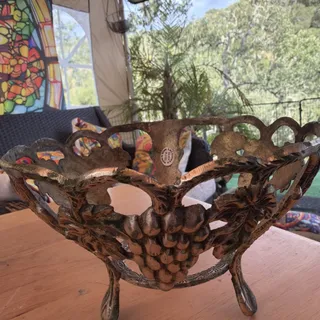 Photo of Brass Pedestal Stand For Crystal Ball, FruitBowl Tripod Round Grape Motif 1950’s