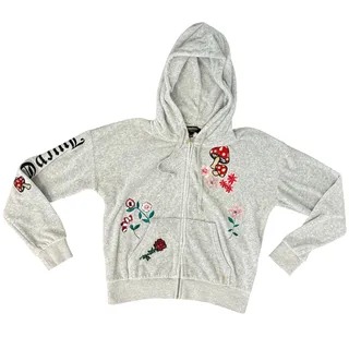 Photo of Juicy Couture Black Label Gray Bedazzled Mushroom Flower Zip Up Hoodie size S