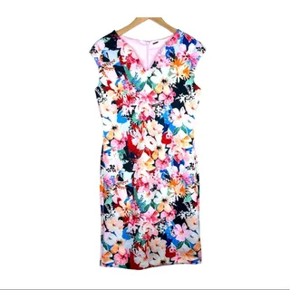 Photo of T Tahari pink watercolor floral scuba V neck cap sleeve midi sheath dress M NEW