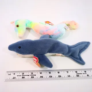 Photo of Ty Beanie Babies Lot Crunch Blue Shark Neon Seahorse Plush Original Tags 8" NWT