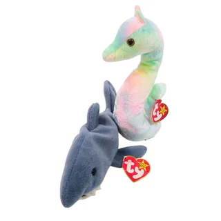 Photo of Ty Beanie Babies Lot Crunch Blue Shark Neon Seahorse Plush Original Tags 8" NWT