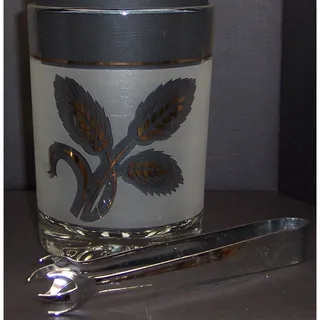 Photo of MCM Frosted Glass Gold Wheat Italian Barware Cerve DeValBor Ice Bucket & Tongs