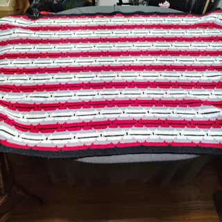 Photo of Handmade Crochet Afghan Blanket in Red White Grey and Striped Pattern