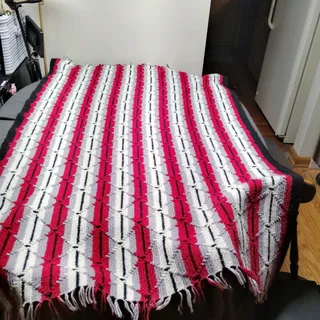 Photo of Handmade Crochet Afghan Blanket in Red White Grey and Striped Pattern