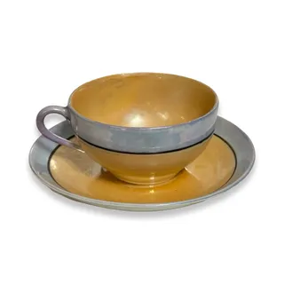 Photo of Vintage 1930s Japan Art Deco Lusterware Cup Saucer Butterscotch Gray Black