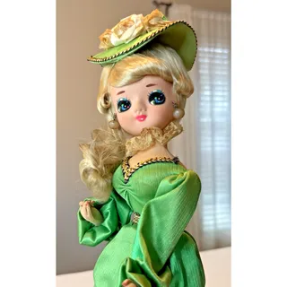 Photo of Vintage 1970s Bradley Big Eye Pose Doll – Green Southern Belle Dress – 18” Fabri