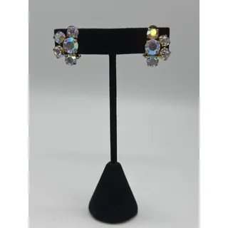 Photo of Vintage Open Back Aurora Borealis Rhinestone Clip On Earrings Gold Tone Brass