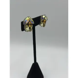 Photo of Vintage Citrine Yellow AB Aurora Borealis Rhinestone Clip On Earrings Brass GUC