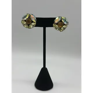 Photo of Vintage Citrine Yellow AB Aurora Borealis Rhinestone Clip On Earrings Brass GUC