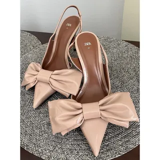 Photo of Zaba Pointed-Toe Slingback Stiletto Oversized Bow In Blush Nude Size 6.5-7