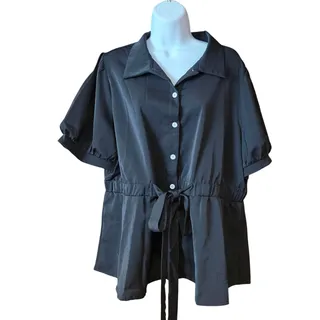 Photo of NWT Colanste black button up, puff sleeve blouse, cinched waist flared out 2XL