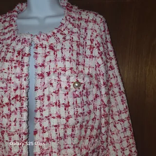 Photo of Euc Nanette Lepore, pink and white open front cardigan blazer, sz 12