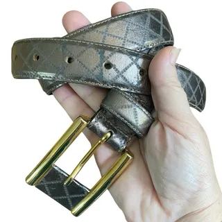 Photo of Avignon Gold Metallic Diamond Pattern Leather Belt Medium with Gold Buckle Med