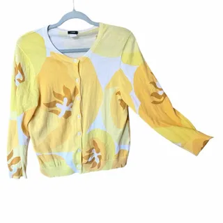 Photo of J.Crew yellow floral abstract button front cardigan sweater small 100% cotton