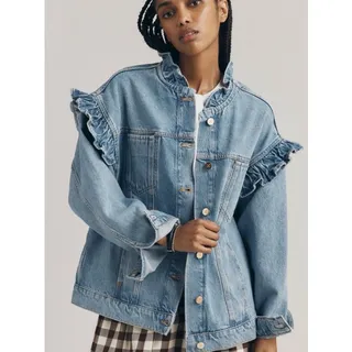 Photo of Pilcro by Anthropologie Denim Ruffle Trucker Jacket Retail $168 NWOT No Tags